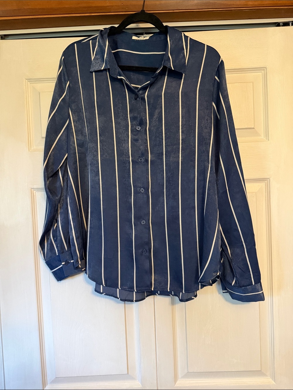 Women’s Navy Blue Vertical-Stripe Button-Up Shirt